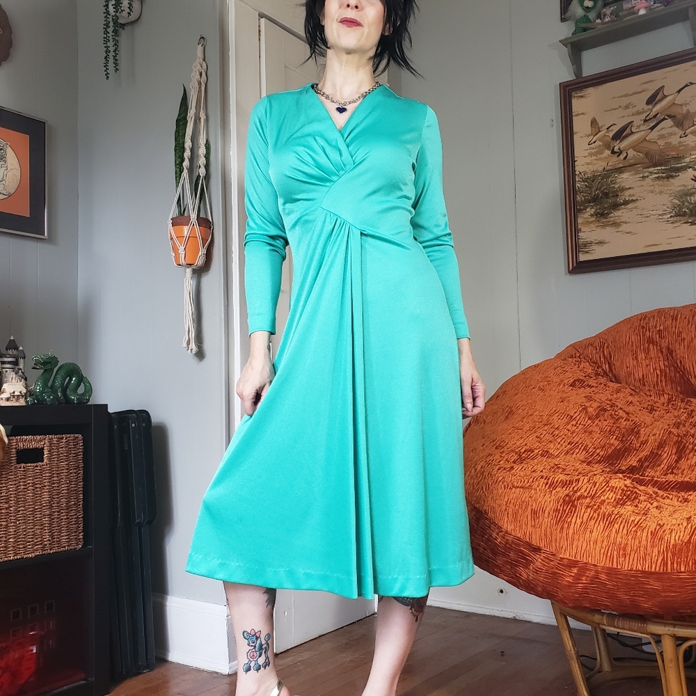 1970s Vintage Seafoam Green Handmade Long-sleeve Midi Dress Medium 70s Retro - Picture 3 of 13